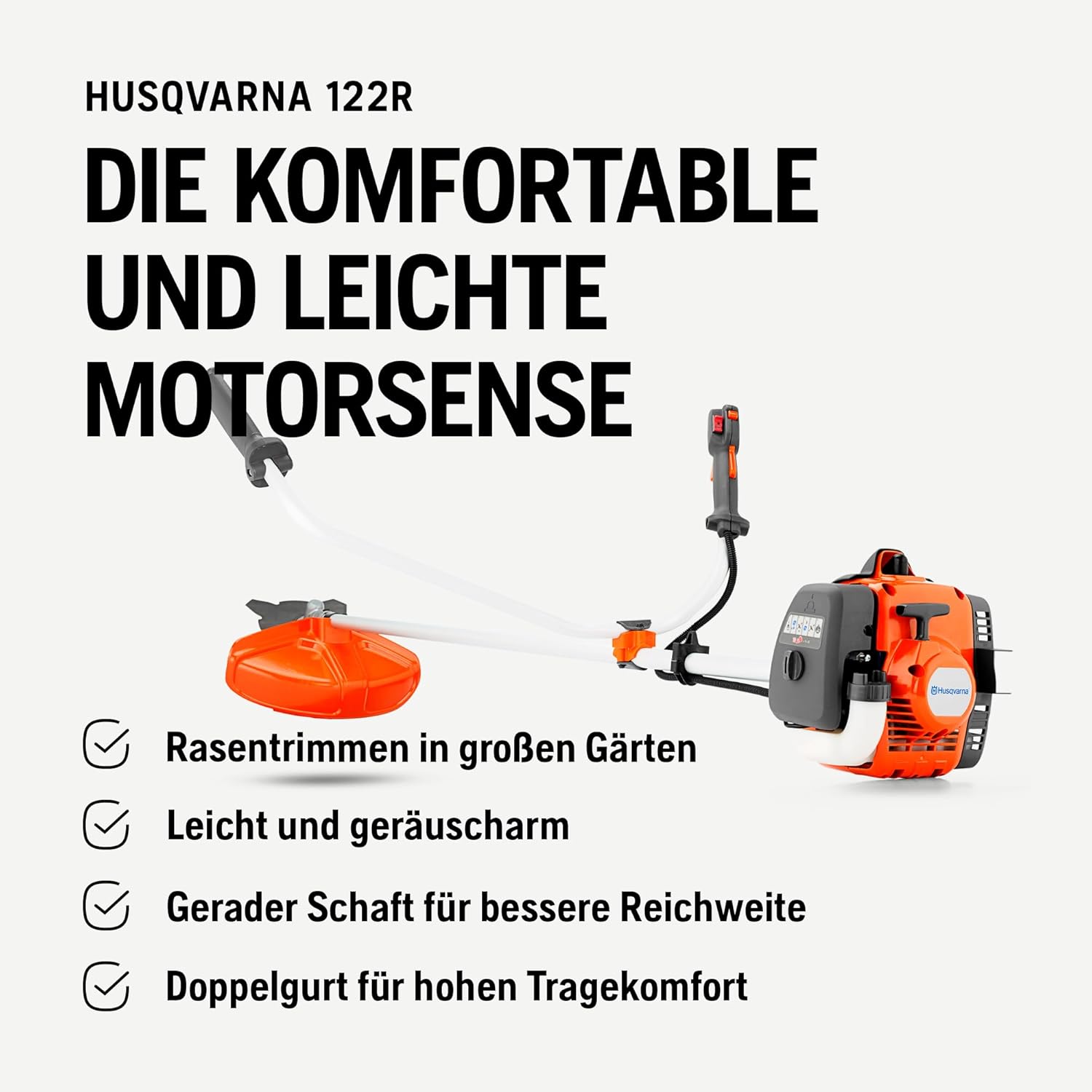 Husqvarna 122R Benzin-Rasentrimmer - 21,7cm³ 2-Takt Freischneider, 43 cm Schnittbreite, Tap 'n Go Kopf, Smart Start®, mit Doppelgurt