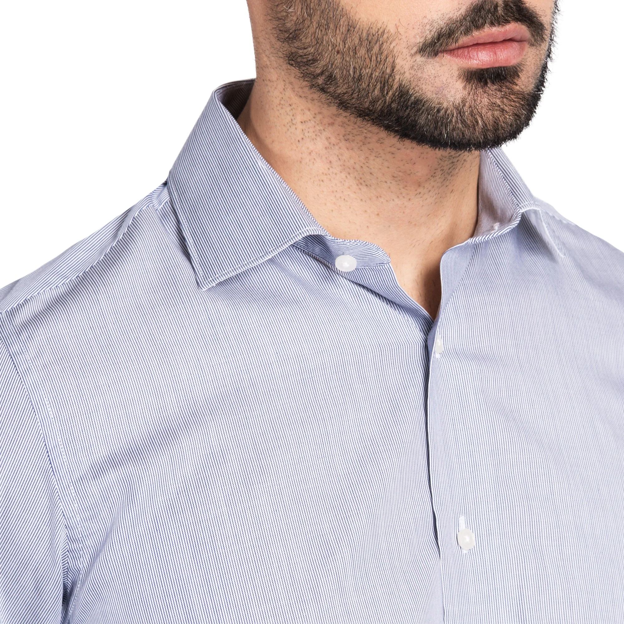 Chemise droite à poignet mousquetaire mille raies marine 100% coton
