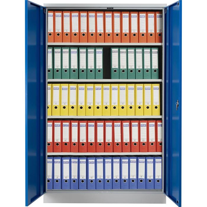 PROREGAL Ferret draaideurkast met 4 legplanken, versterkt, Eurolock greep, HxBxD 195 x 120 x 50 cm, grijs-gentiaanblauw gelakt