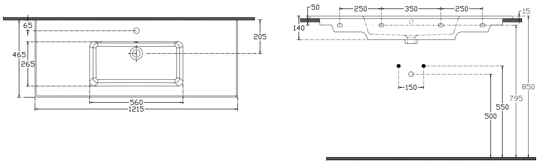 Isvea Sistema T inbouw wastafel met kraangat 120cm wit glans