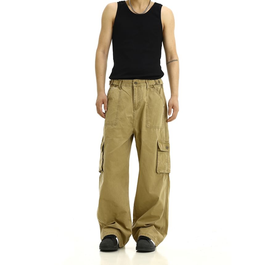 Meiksip - Mid Rise Plain Cargo Wide Leg Pants