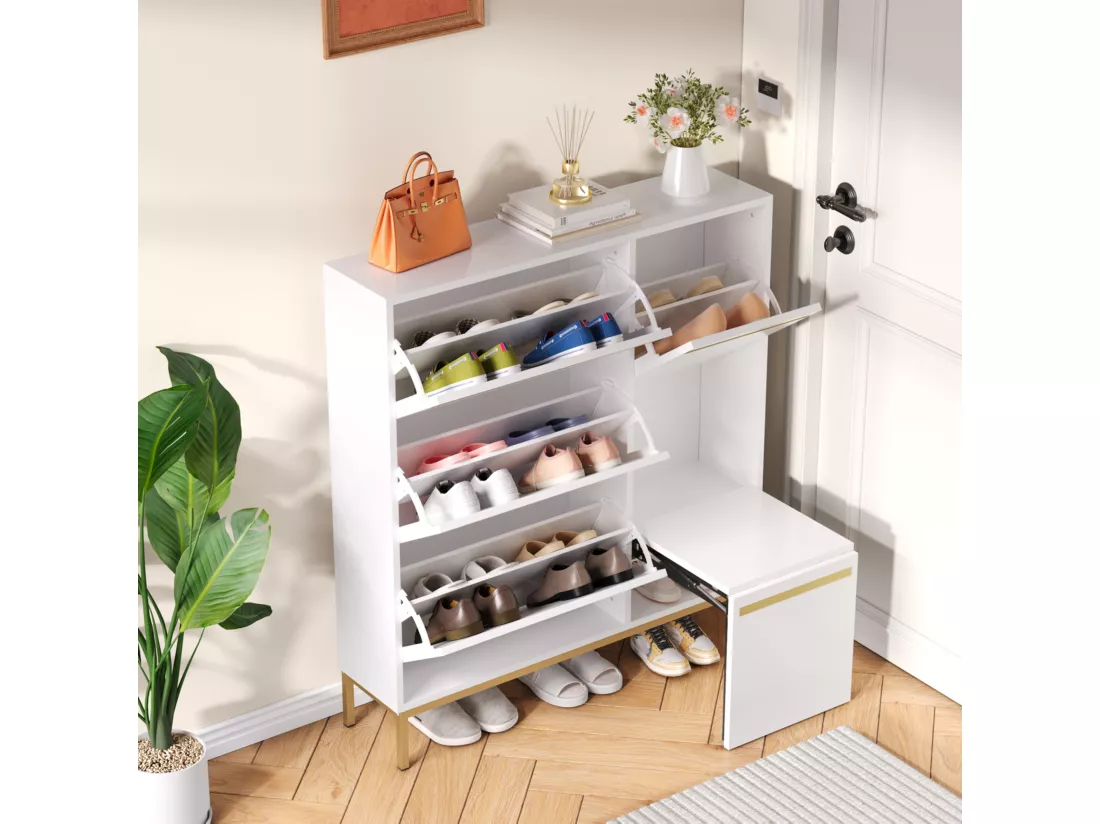 Meuble à chaussures avec banc pliable - 3 portes abattantes - Blanc & Doré
