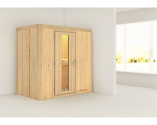 Karibu Mariado modulaire sauna zonder oven en dakrand, met houten deur en geïsoleerd glas.