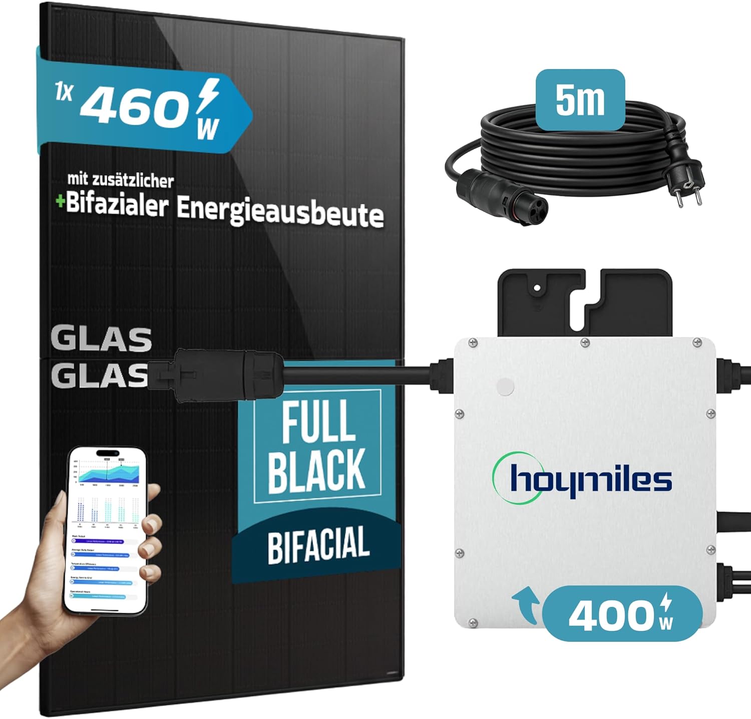 SUNNIVA® 460W Balkonkraftwerk BIFAZIAL FULLBLACK komplett Steckdose HOYMILES 400 Watt Wechselrichter, PV Solaranlage Komplettset, 1x 460W N-Type Glas-Glas Bifacial Solarmodule, 5m Kabel
