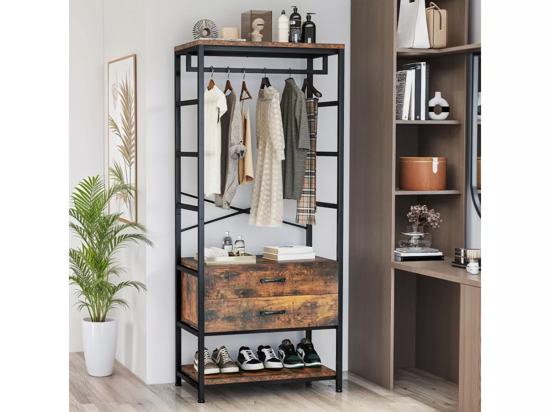 YITAHOME Porte Manteaux - avec Rangement pour Chaussures, Tringle à Vêtements - 2 tiroirs - Marron