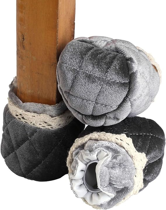 (4er Set) Ø6cm Stoff Stuhlbein Stulpen Schutz Tisch / Stuhl / Boden Schoner mit Spitzen Bordüre - Grau