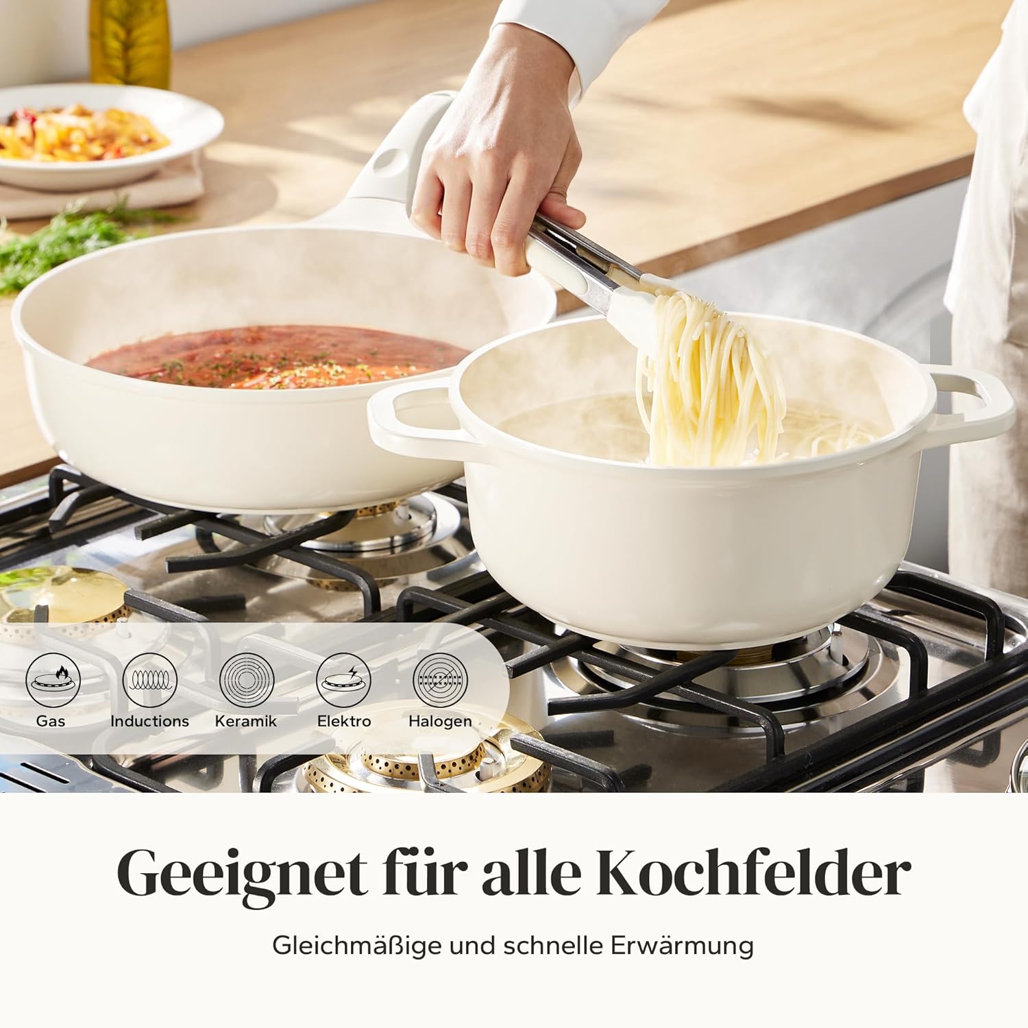 Redchef Keramik Topfset Induktion, Topfsets Pfannenset Kochgeschirr-Set 11-teiliges, Induktions Töpfe Set mit Glasdeckel, PTFE-frei PFAS-frei für alle Herdarten geeignet, Spülmaschinenfest (Beige)