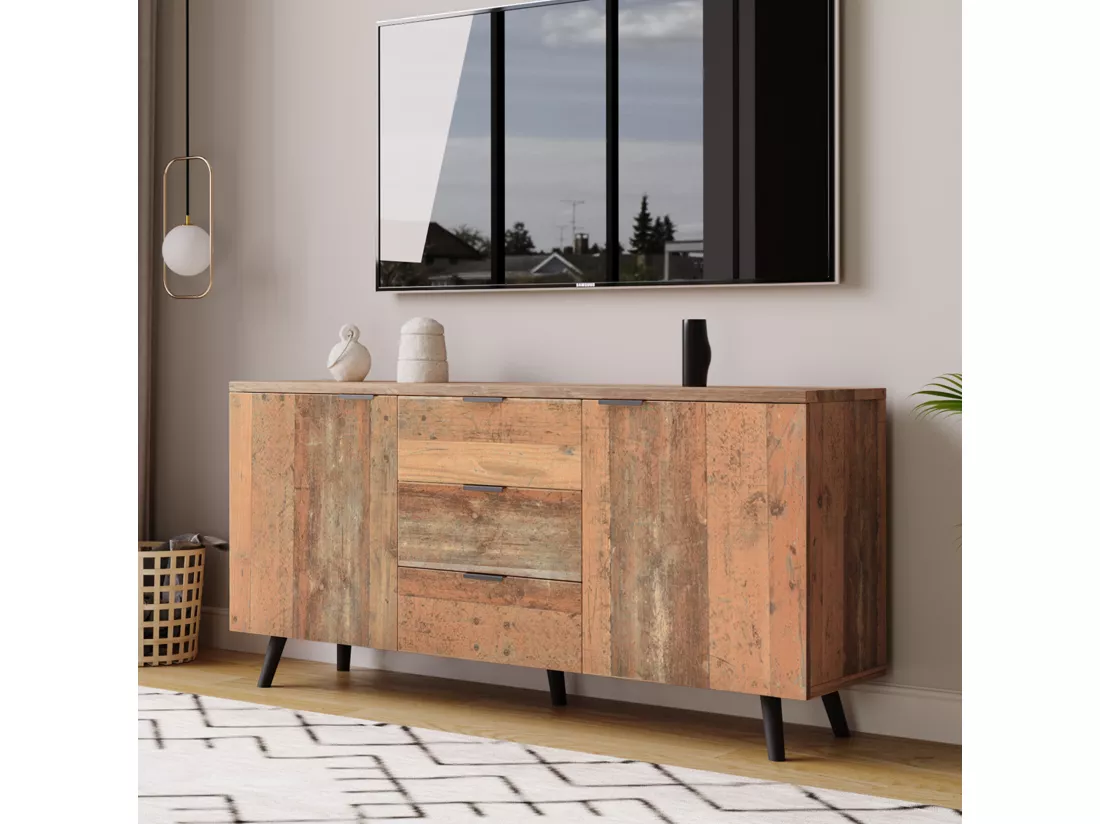 Buffet effet bois vieilli avec étagères réglables 2 portes 3 tiroirs GRANCUK