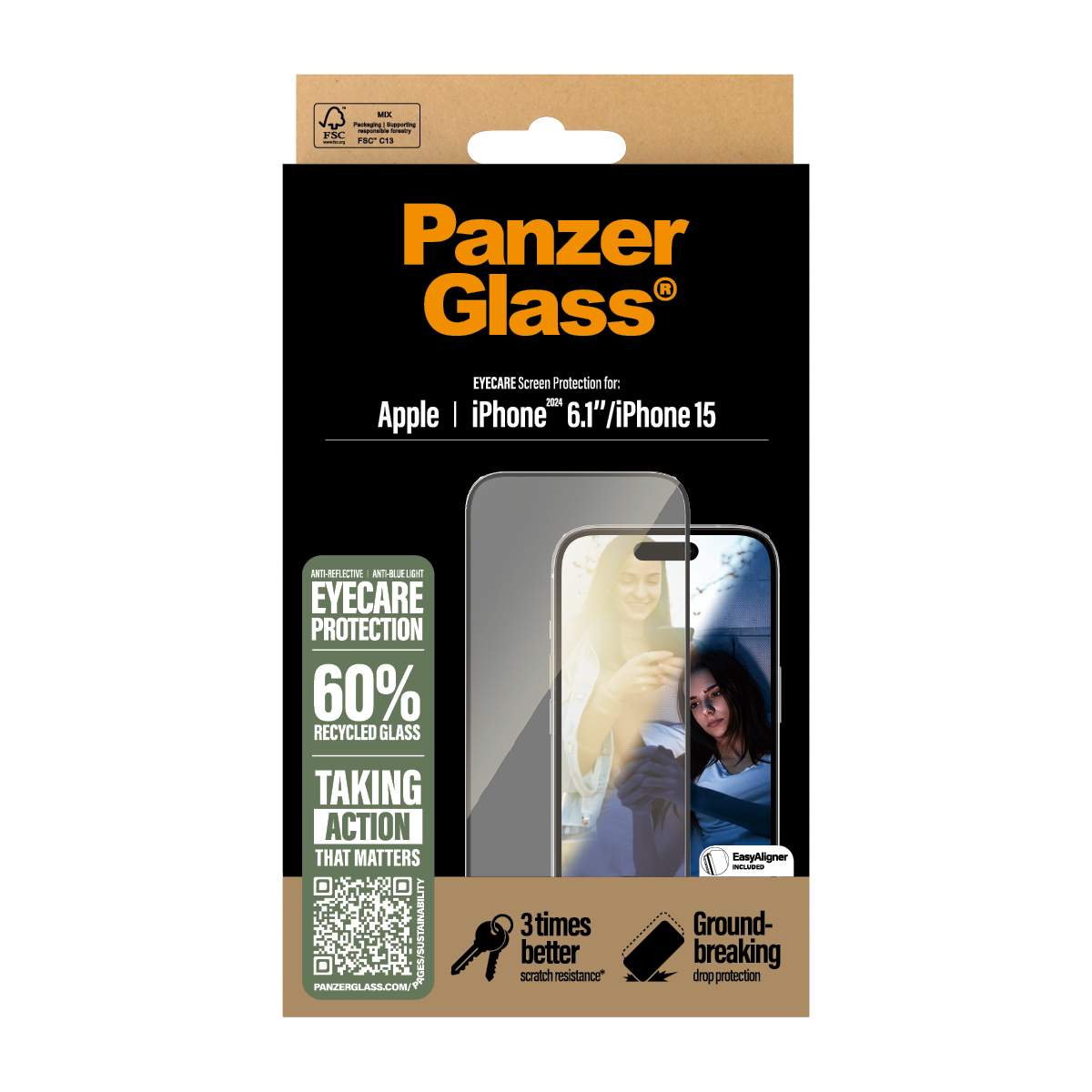 iPhone 16 EyeCare Ultra Wide Fit Panzer Glas Displayschutz Anti Bluelight   Montagerahmen  (2865)