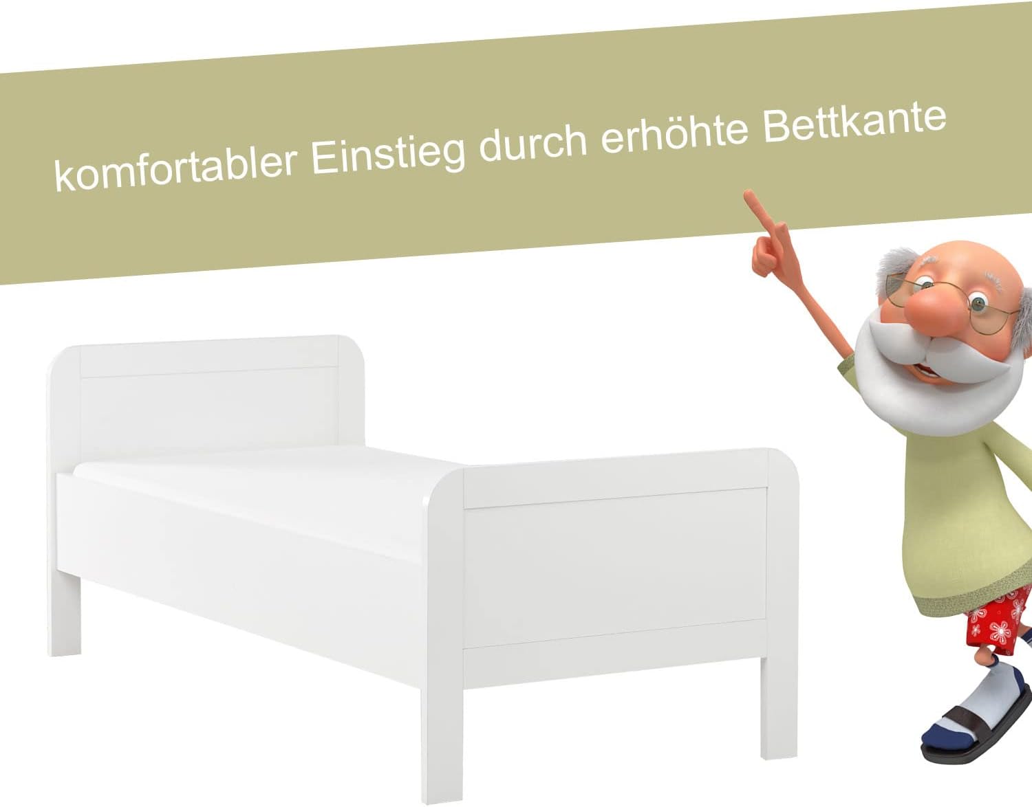 Homestyle4u Komfortbett Bett Senioren Seniorenbett 90x200 Komforthöhe Weiß Holz Leichter Einstieg extra hoch