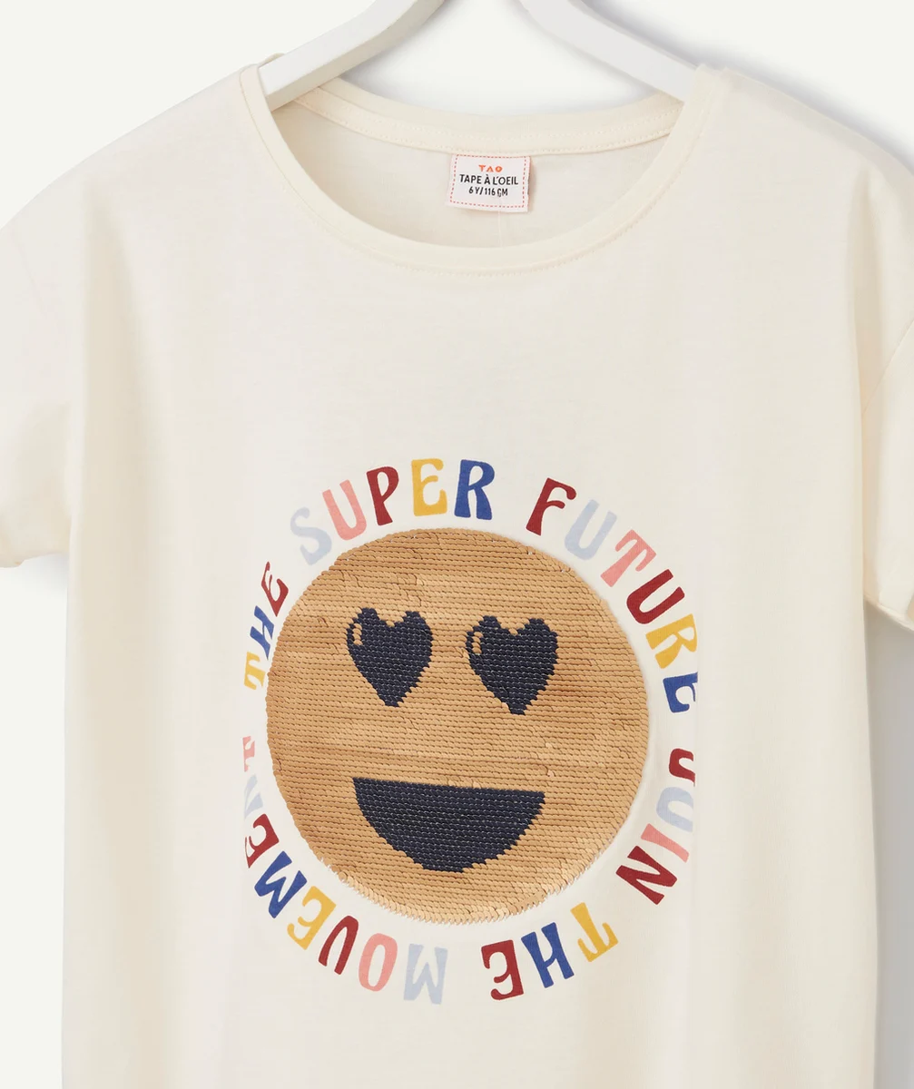 T-SHIRT FILLE EN COTON BIO ÉCRU AVEC SMILEY EN SEQUINS ET MESSAGE