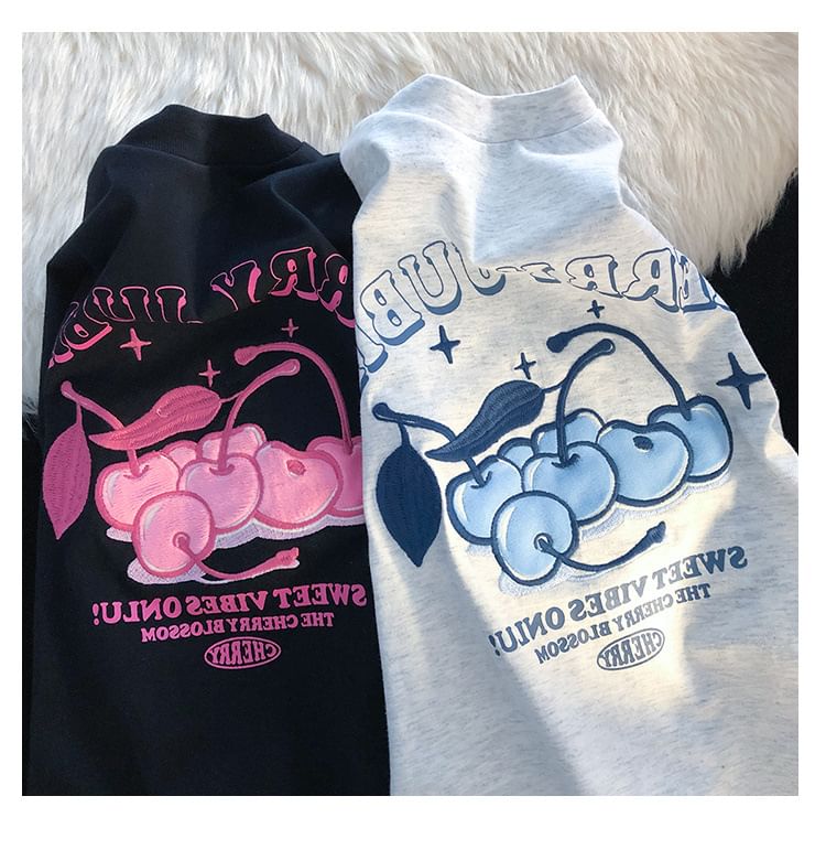 Rosesand - Koppels bijpassende korte mouwen T-shirt met kersen- en letterprint, losvallend