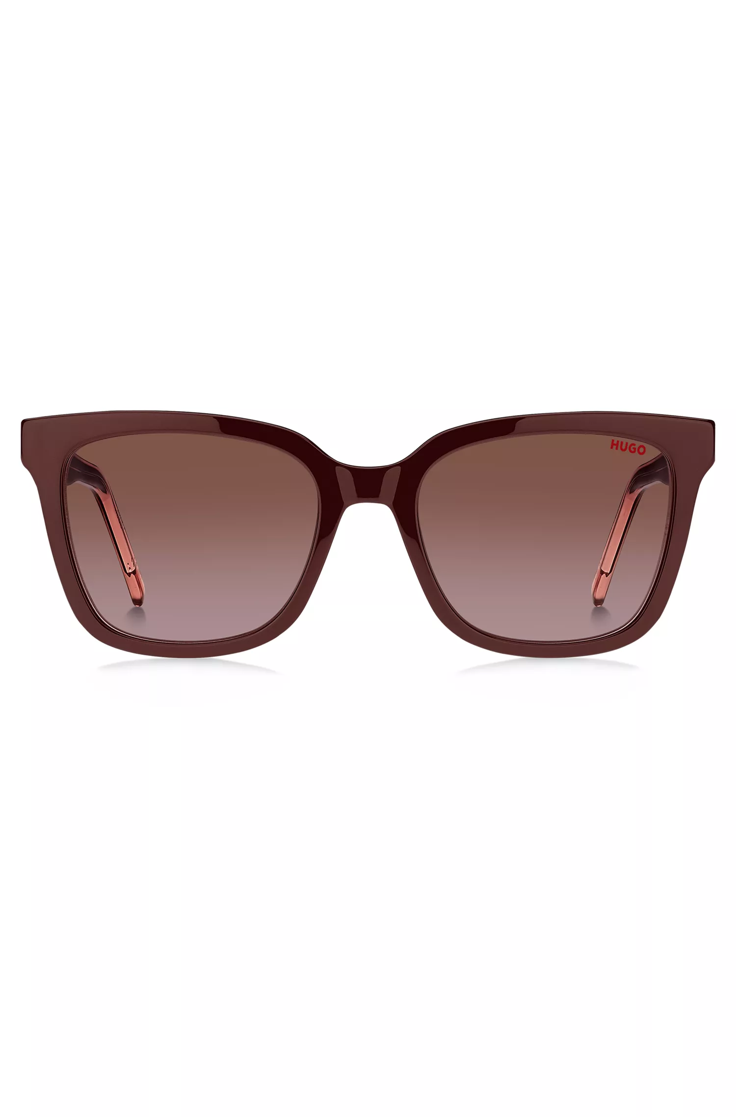 Óculos de sol HUGO em acetato vermelho-bordô com hastes personalizadas.