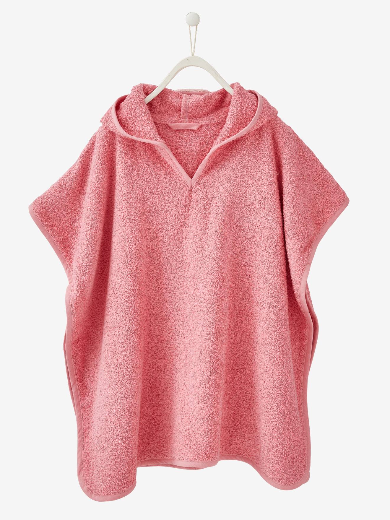 Poncho de banho liso rosa escuro com estampa de unicórnio.