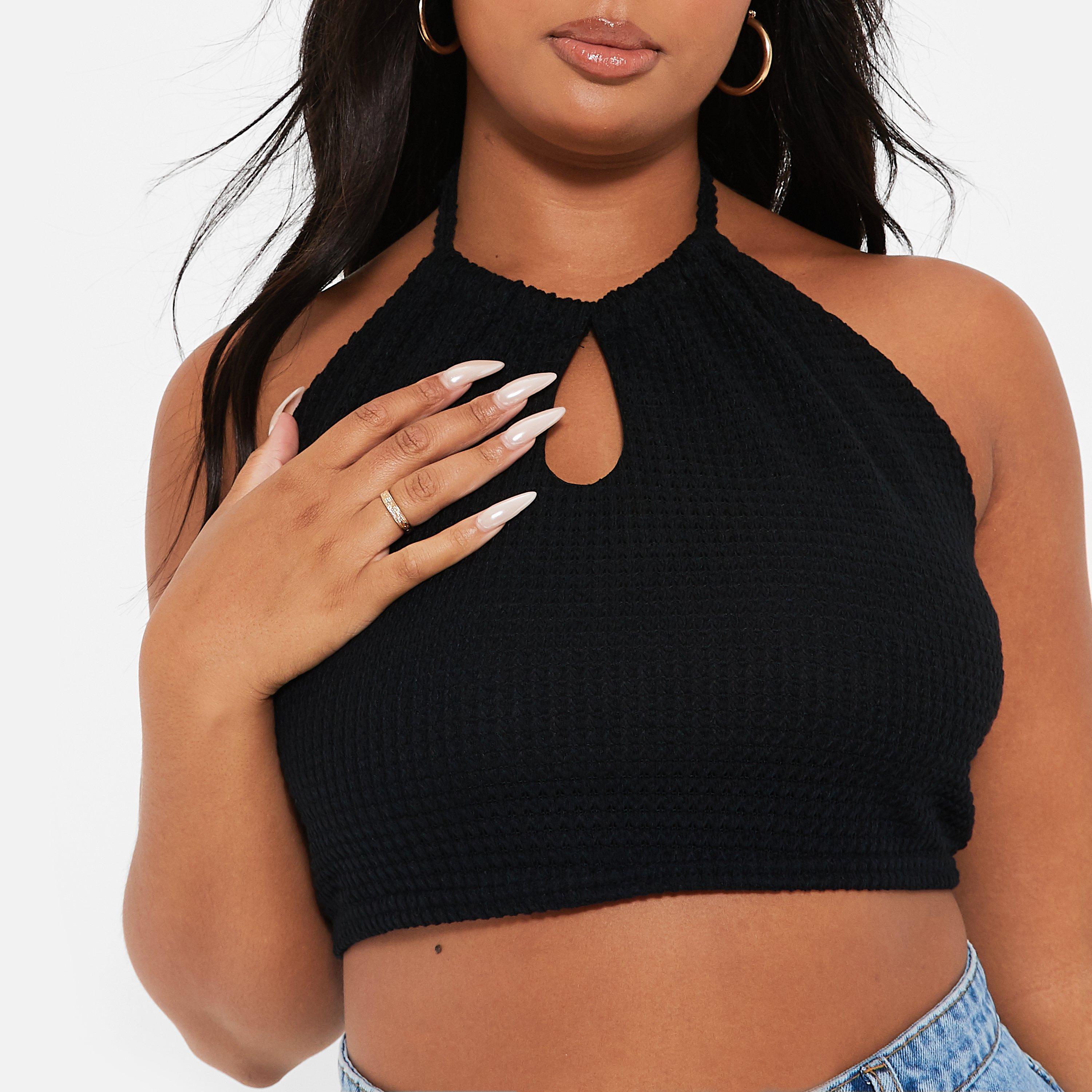 I Saw It First ISAWITFIRST Waffle Textured Halterneck Keyhole Crop Top