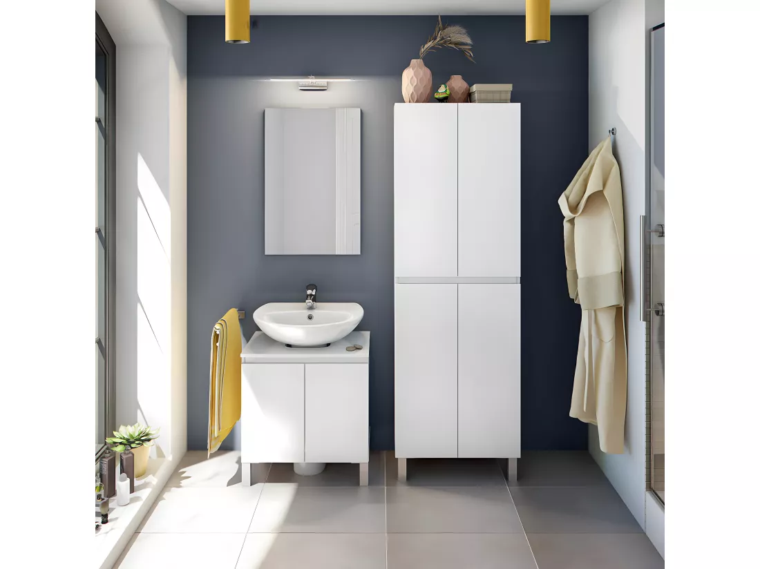 Colonne de salle de bain avec 4 portes sans poignée coloris blanc - Longueur 60 x Profondeur 35 x Hauteur 182 cm