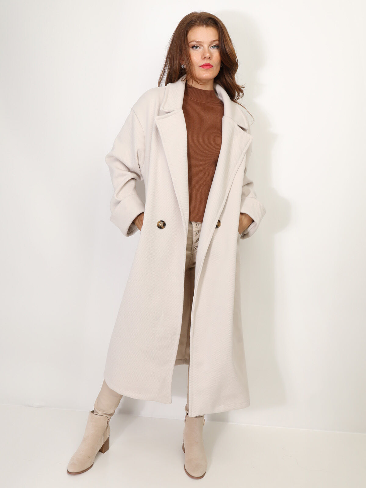 Manteau oversize en maille texturée- Beige