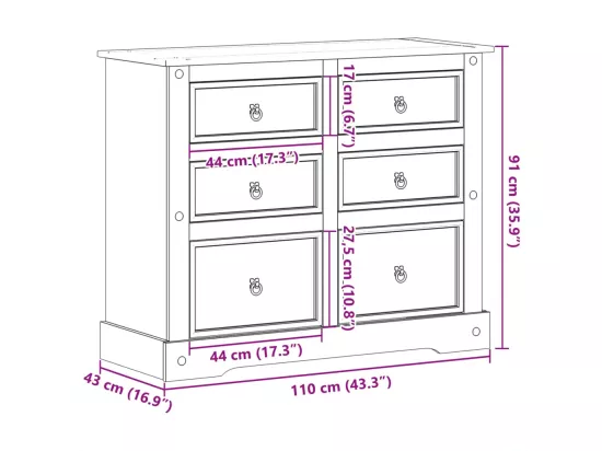 Commode Corona 110x43x91 cm bois massif de pin