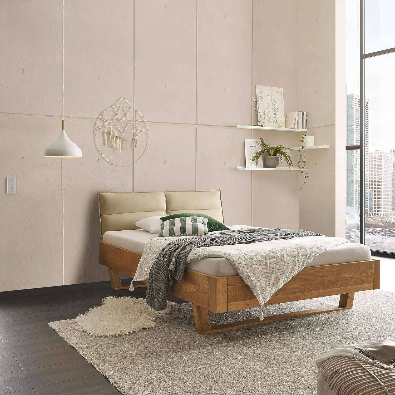 TJARK Modernes Massivholzbett 140x200, Eiche - Komfortables & hochwertiges Balkenbett mit gepolstertem Kopfteil - 146 x 89 x 219 cm (B/H/T)