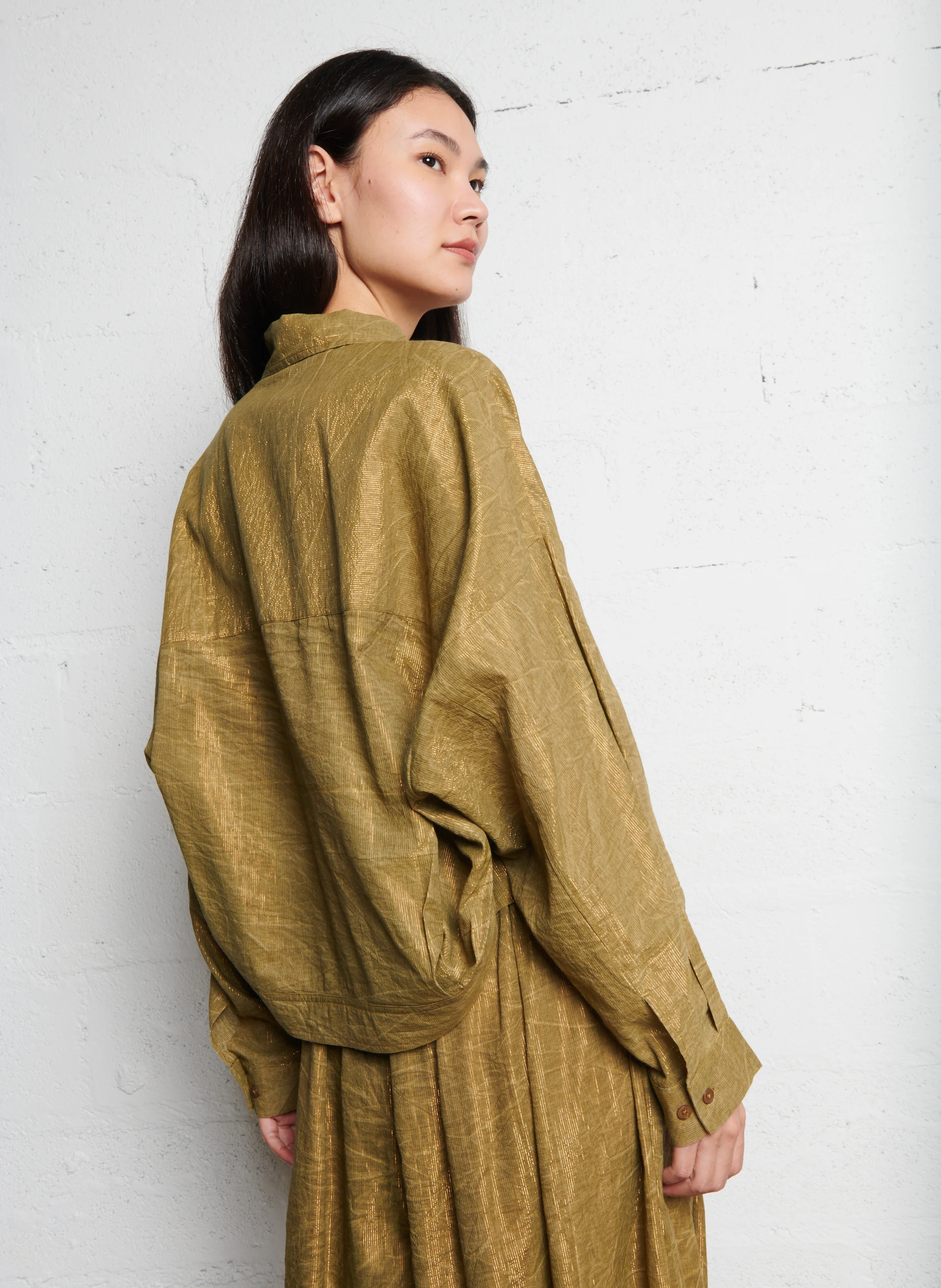 DOMINI - Chemise oversize courte col classique en coton mélangé | Vert