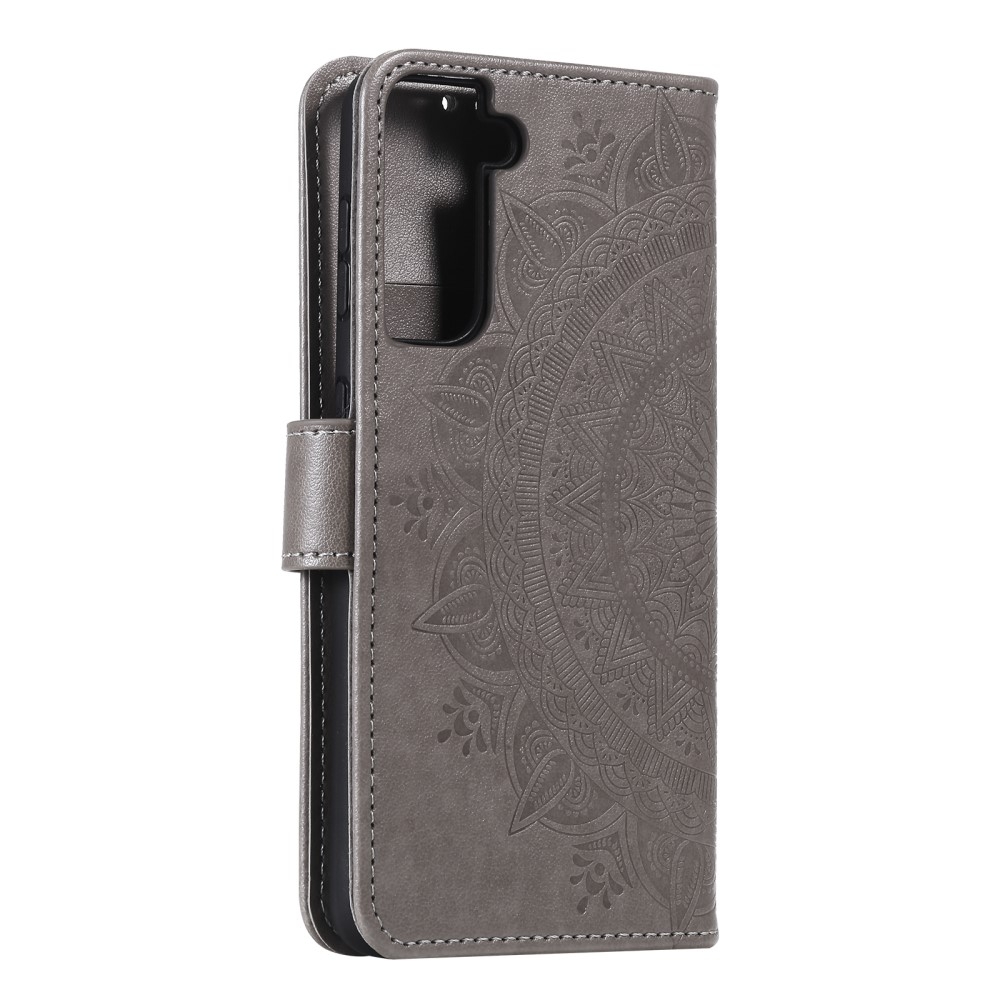 Samsung Galaxy S21 5G Leder Tasche Wallet - Mandala Flowers Imprint - Grau