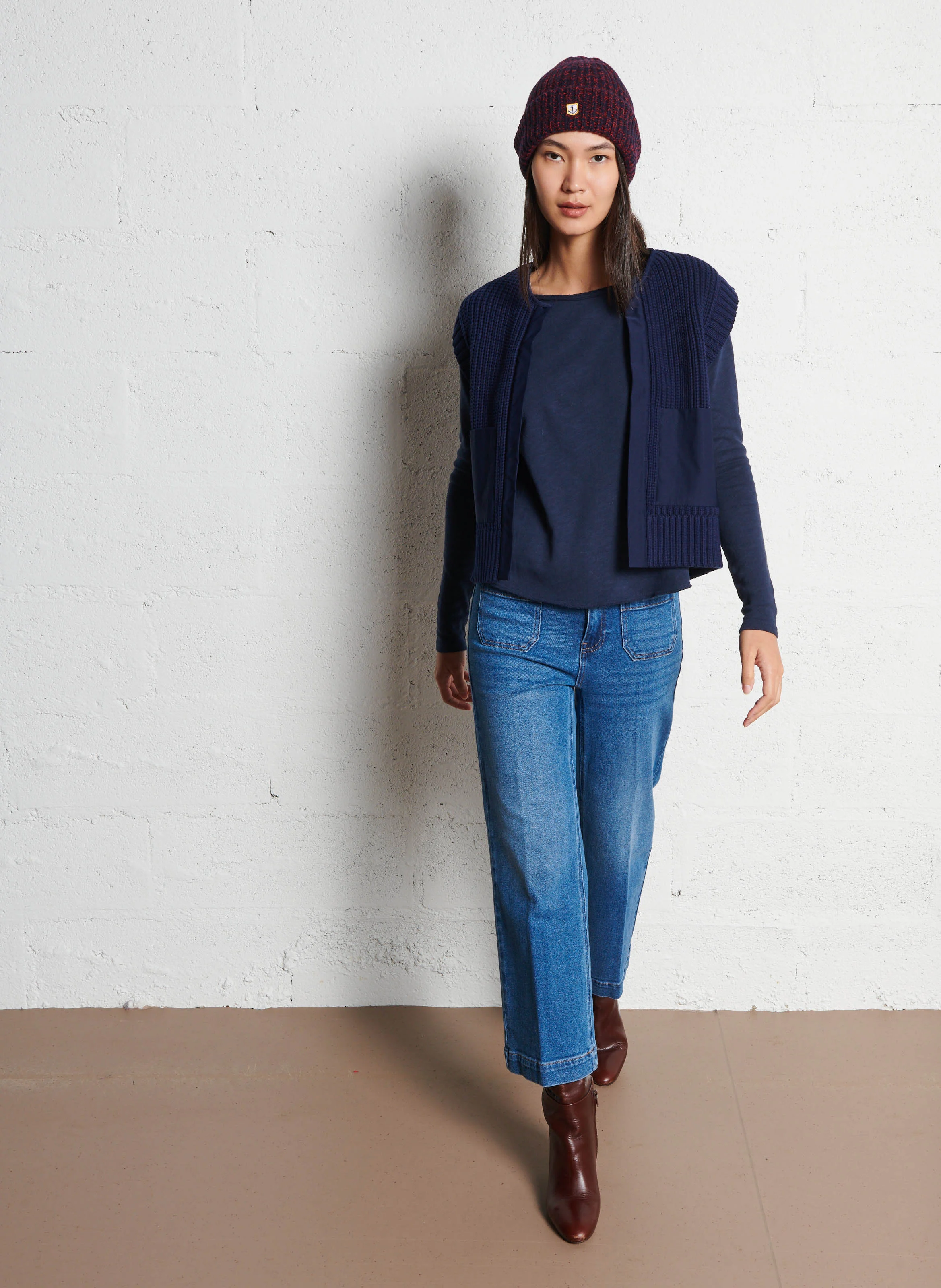 LAURENA - Gilet col rond en coton melangé | Bleu