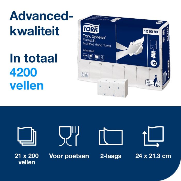 Tork 129089 Flushable handdoek i-vouw 2-lgs wit 21x25,5 cm pak à 4200 stuks (129089)