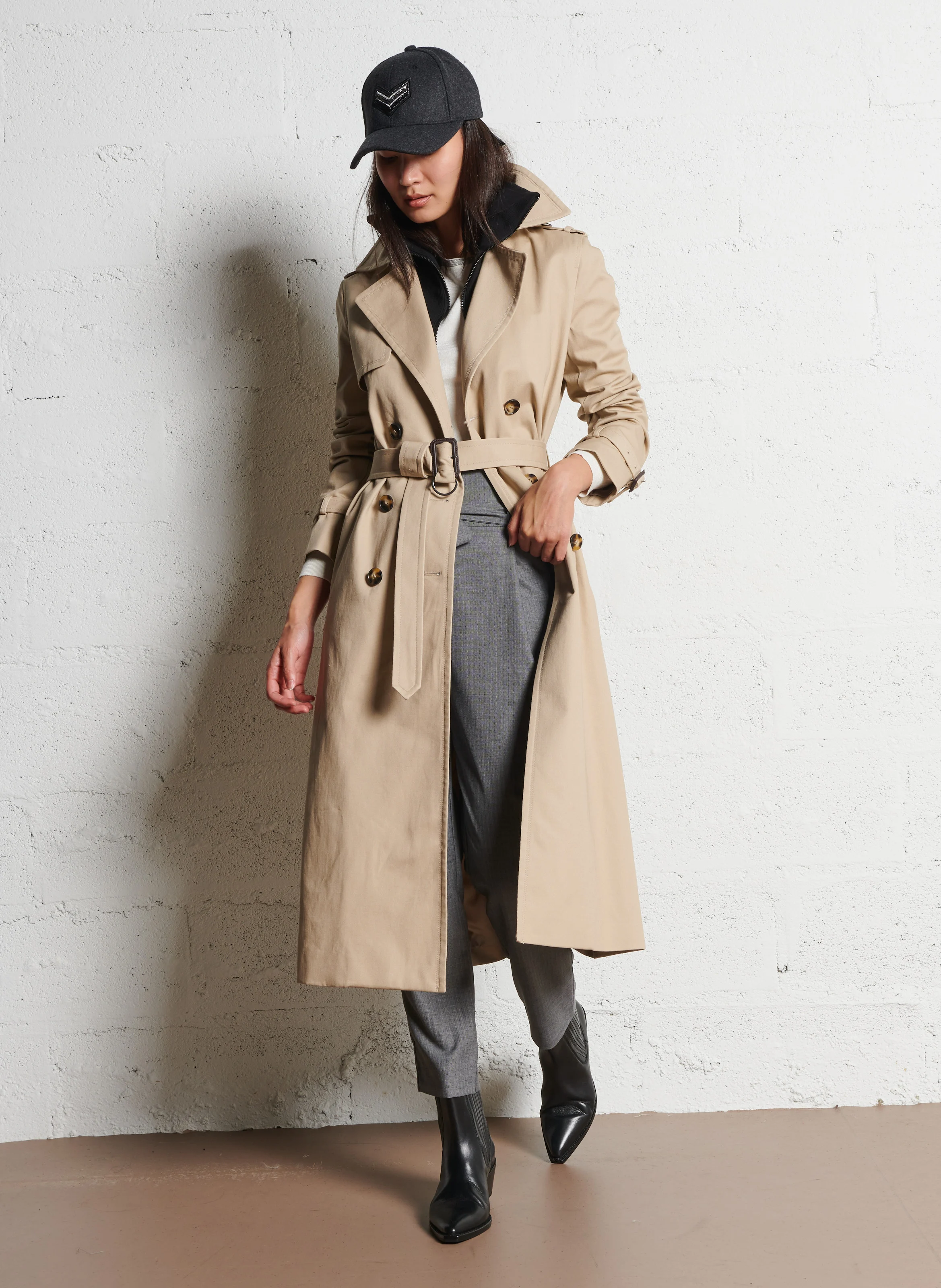 Trench long double col en coton mélangé | Beige