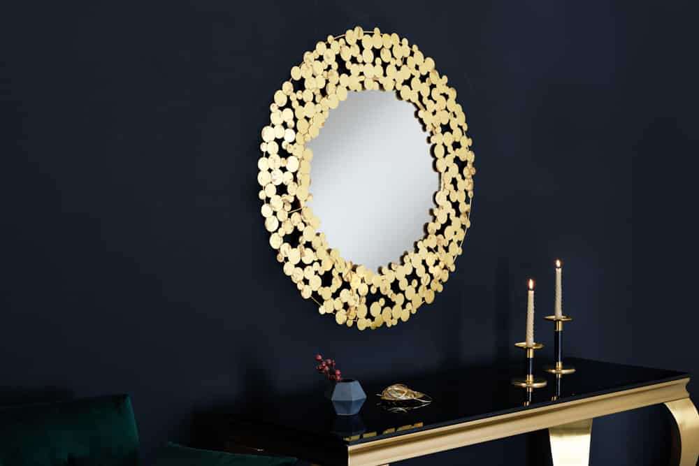 Dekorativer Wandspiegel COINS 80cm XL antik gold rund aus Metall handmade