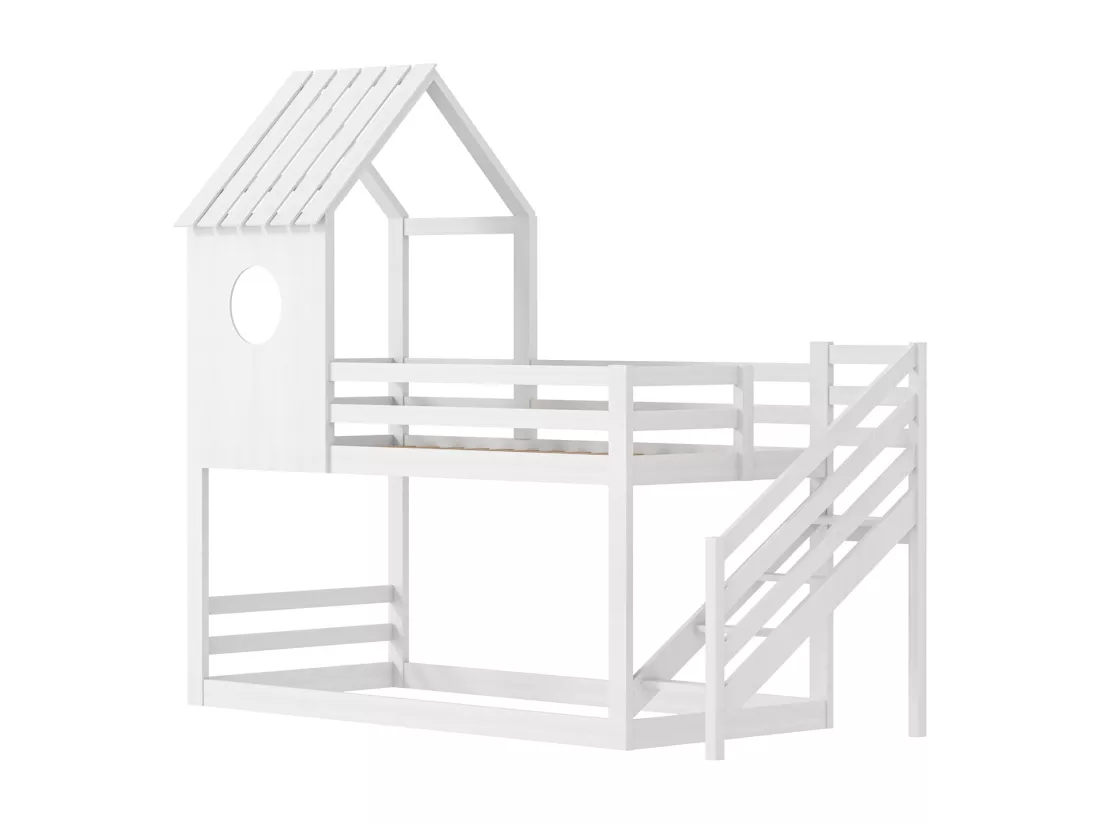 Lit cabane 90x200cm, Lit superposé avec Garde-Corps, Forme Toit, Lit en Bois Massif avec sommiers à Latte pour 2 Personnes, Blanc