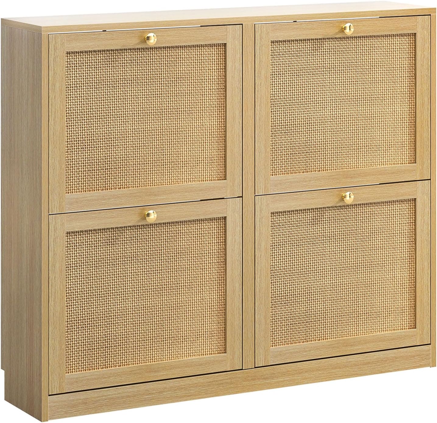 Meuble à Chaussures et Rotin avec 4 Abattants, Armoire à Chaussures pour 16 à 24 Paires avec étagère réglable, Grande Capacité pour Couloir, Entrée, Antidumping,102 x 23 x 84 cm, Chêne YX5193221