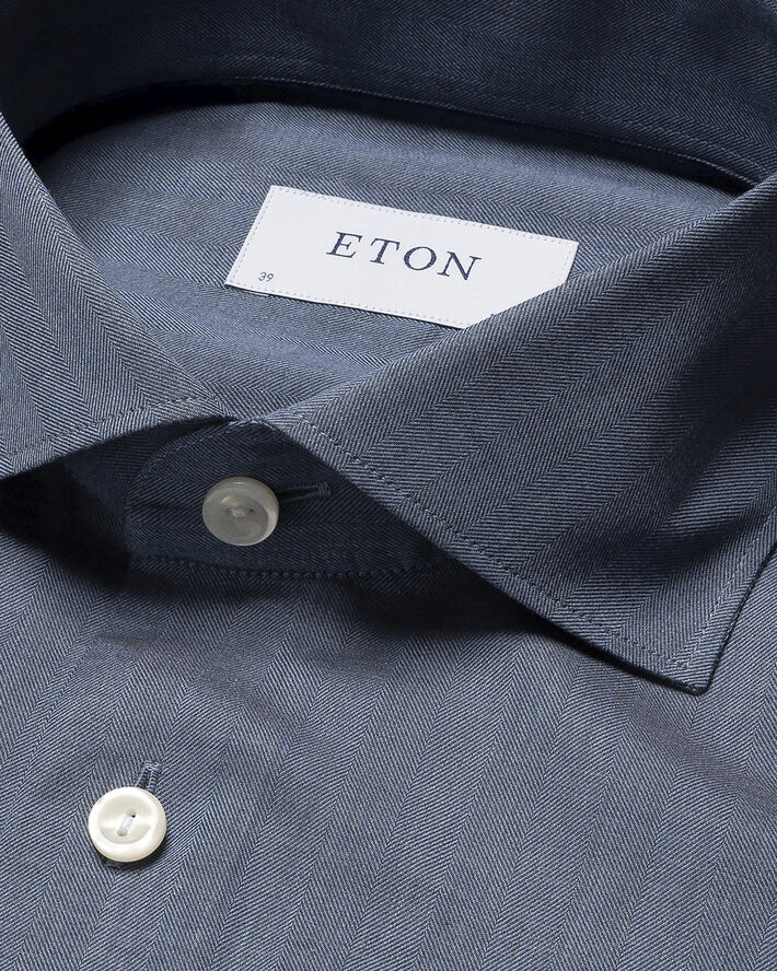 ETON Slim Fit Mid Blue Herringbone Wrinkle Free Flannel Shirt Blå