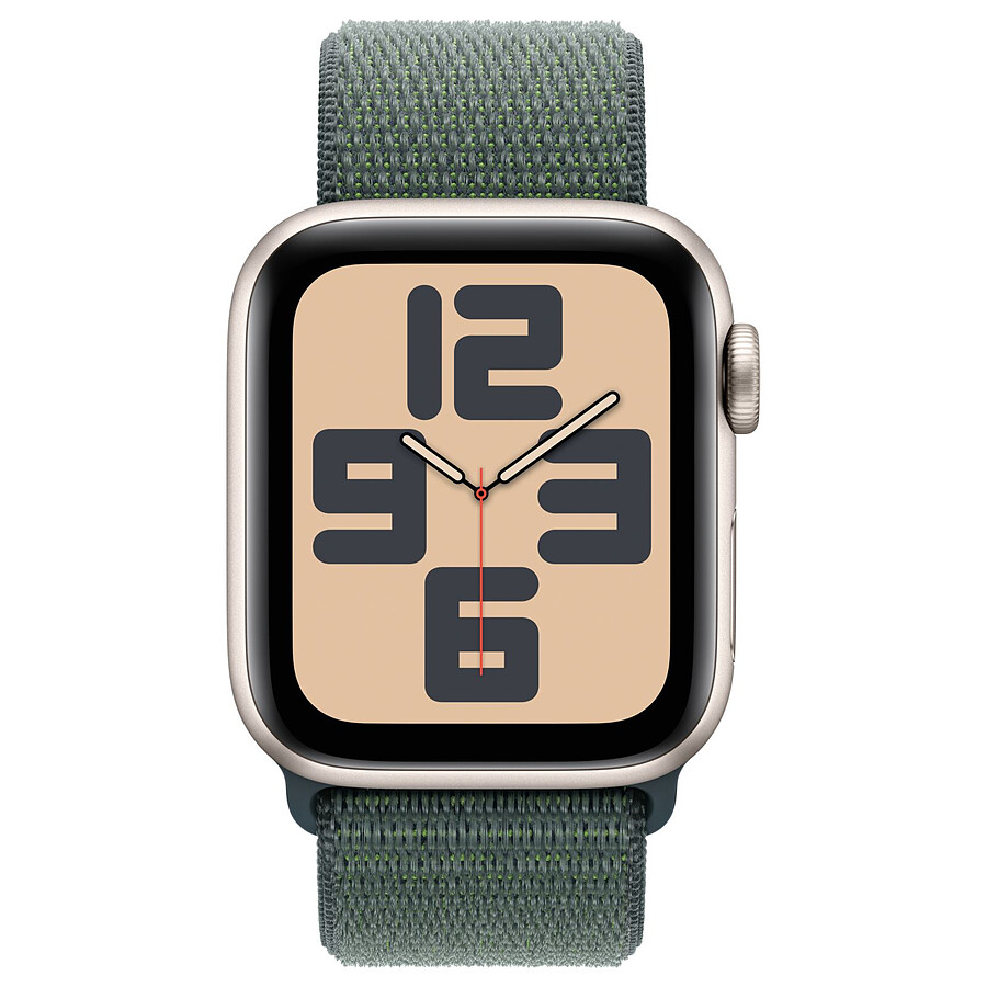 Apple Watch SE GPS + Cellular (2024) - 40 mm - Aluminium Lumière Stellaire - Bracelet Sport Textile Vert Lacustre