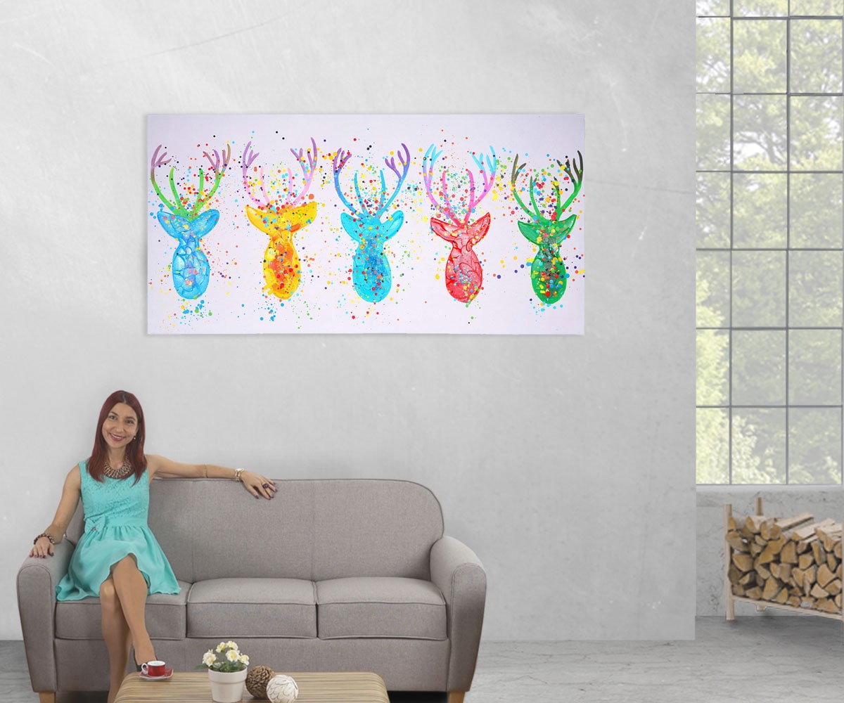 Wandbild Hirsche II, 100% handgemaltes Ölgemälde Gemälde XL, 140x70cm