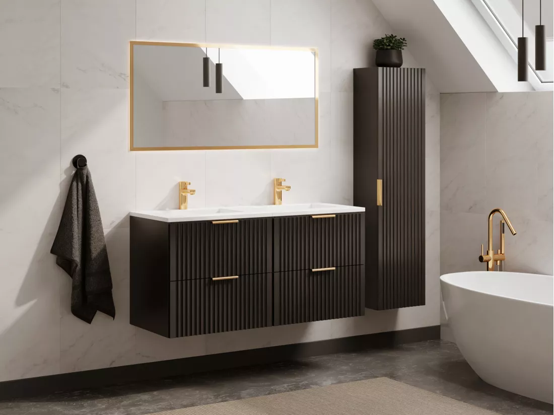 Meuble de salle de bain suspendu strié avec vasque à encastrer - Noir - 120 cm - ZEVARA