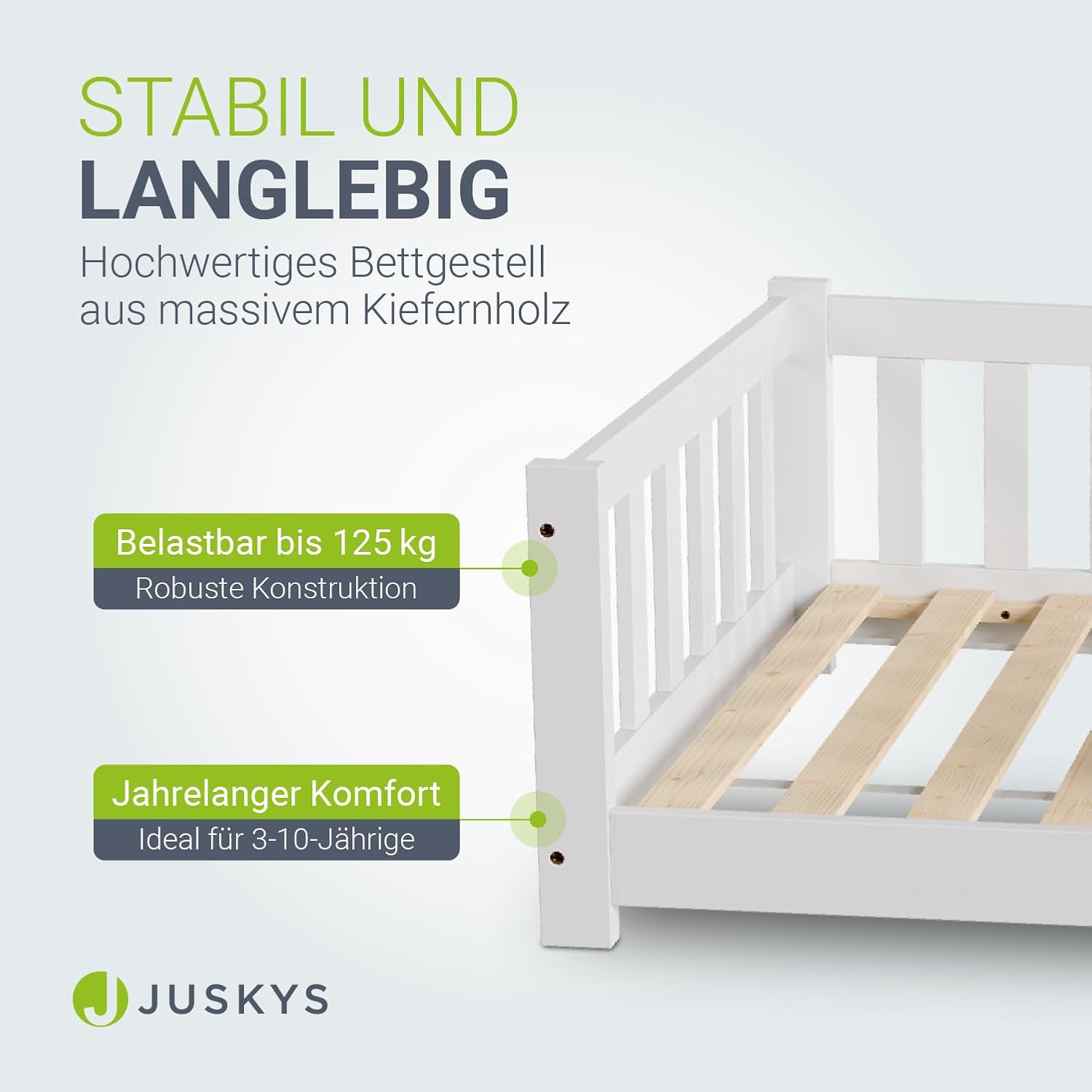 Juskys Kinderbett Naya - 90x200 cm Bett mit Rausfallschutz & Lattenrost - Holz Bodenbett für Kinder 3-10 Jahre - modernes Bettgestell Weiß