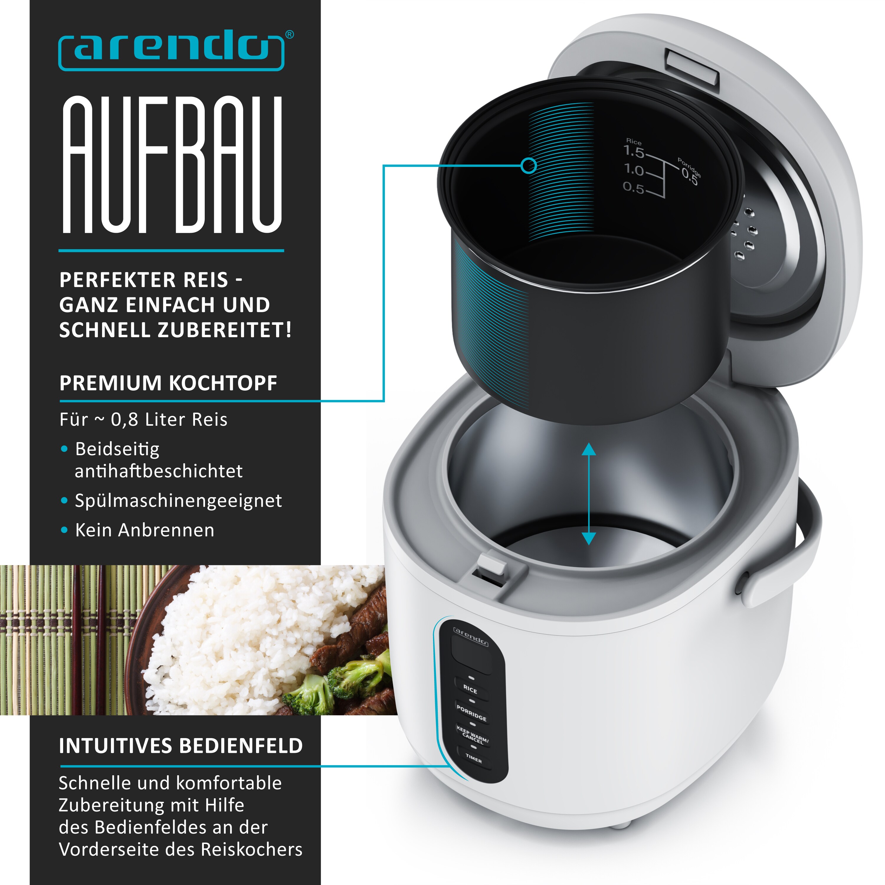 Arendo Reiskocher digital 0,8L mit Messbecher & Reislöffel, 2 Kochprogramme, Warmhaltefunktion, Timer, 300W, Weiß
