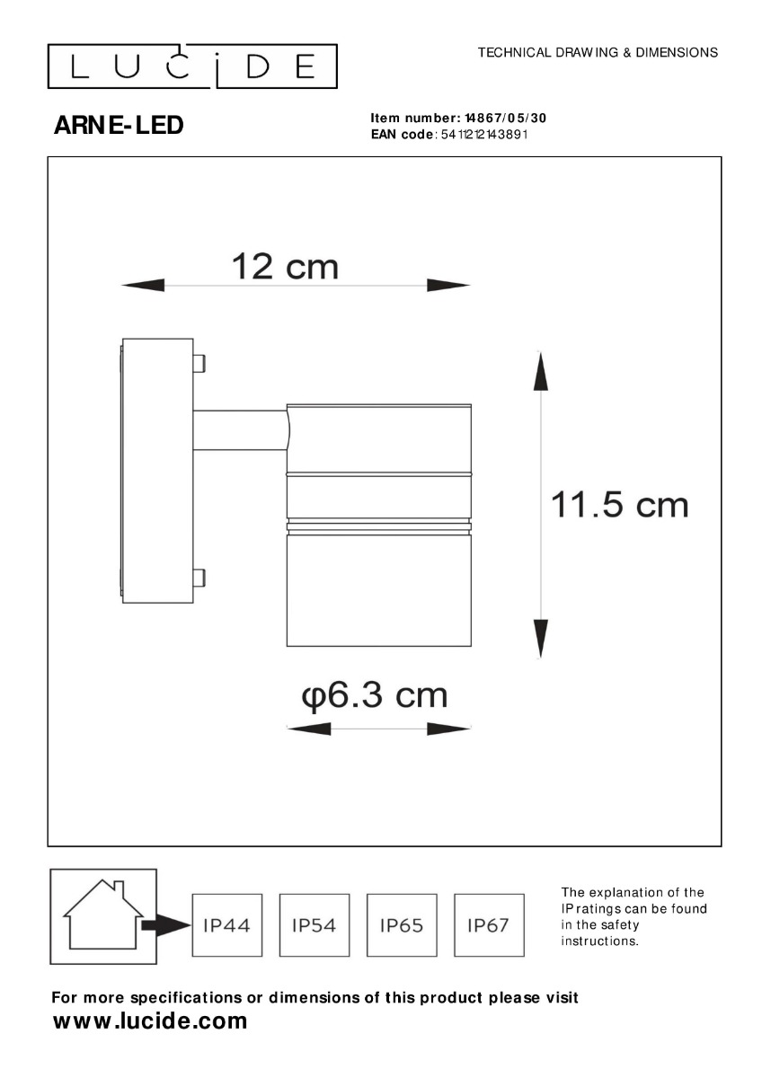 Lucide Arne-LED wandspot 5W 12x12cm zwart