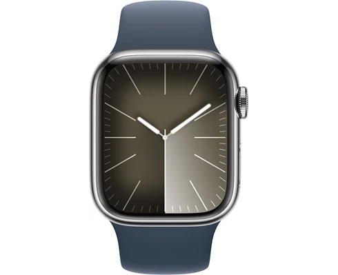Apple Watch Series 9 GPS   Cellular 45mm Silver Stainless Steel Case with Storm Blue Sport Band - S/M