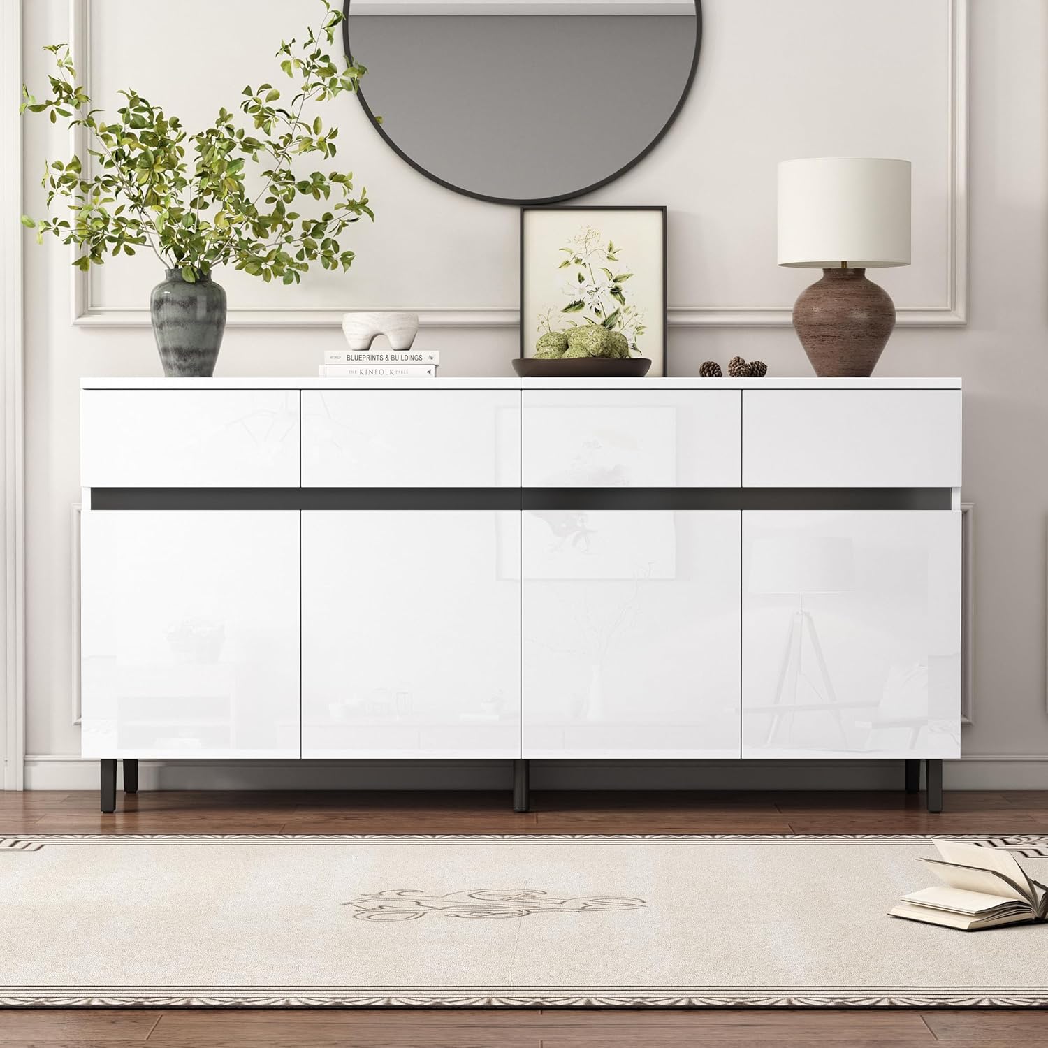Hochglanz Sideboard Wohnzimmer mit 4 Schubladen und 4 Türen, Buffetschrank mit Höhenverstellbaren Regalböden, 160 x 40 x 68cm, Modern Wohnzimmerschrank für Schlafzimmer, Büros, Flur, Weiß