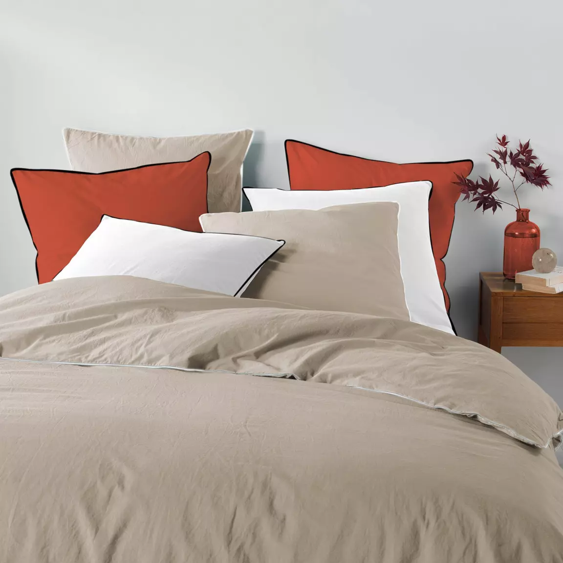Housse de couette et deux taies coton lavé (260 x 240 cm) Linette Beige