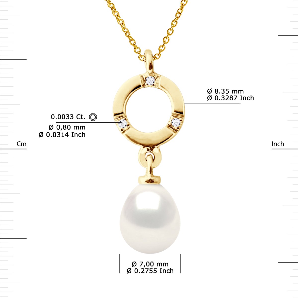 Pendentif Diamants 0,010 Cts Perle de Culture d'Eau Douce Poire 7-8 mm Blanche Or Jaune