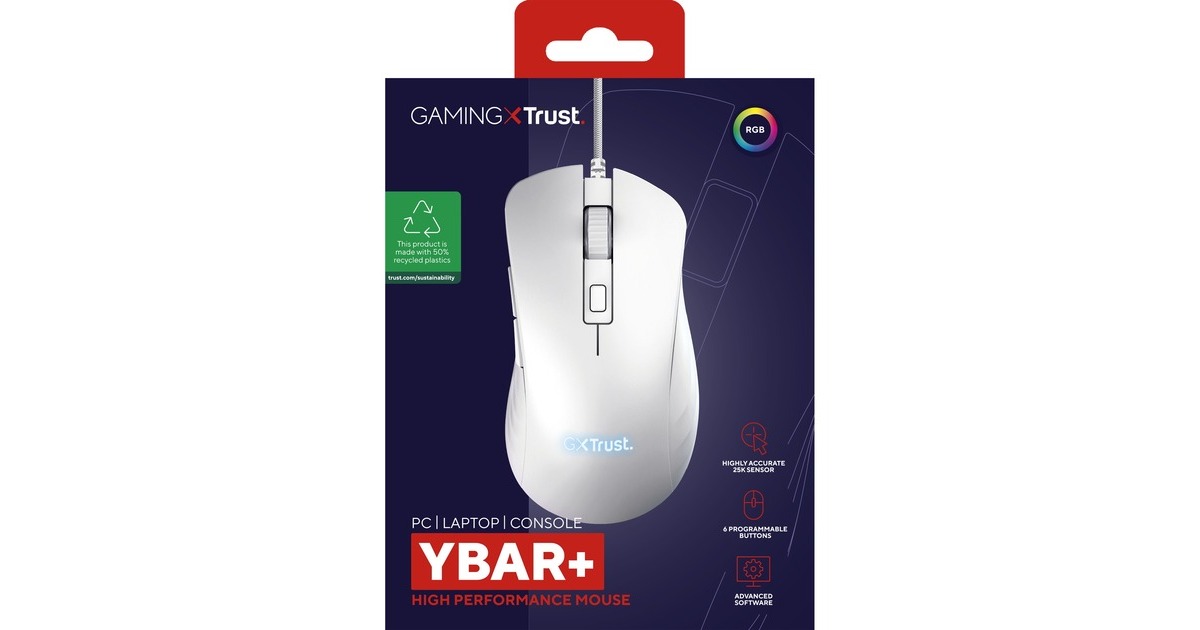 TrustGXT 924W Ybar+ gaming muis met hoogwaardige prestaties  (Wit, RGB, 25.600 dpi, Tweedekans)