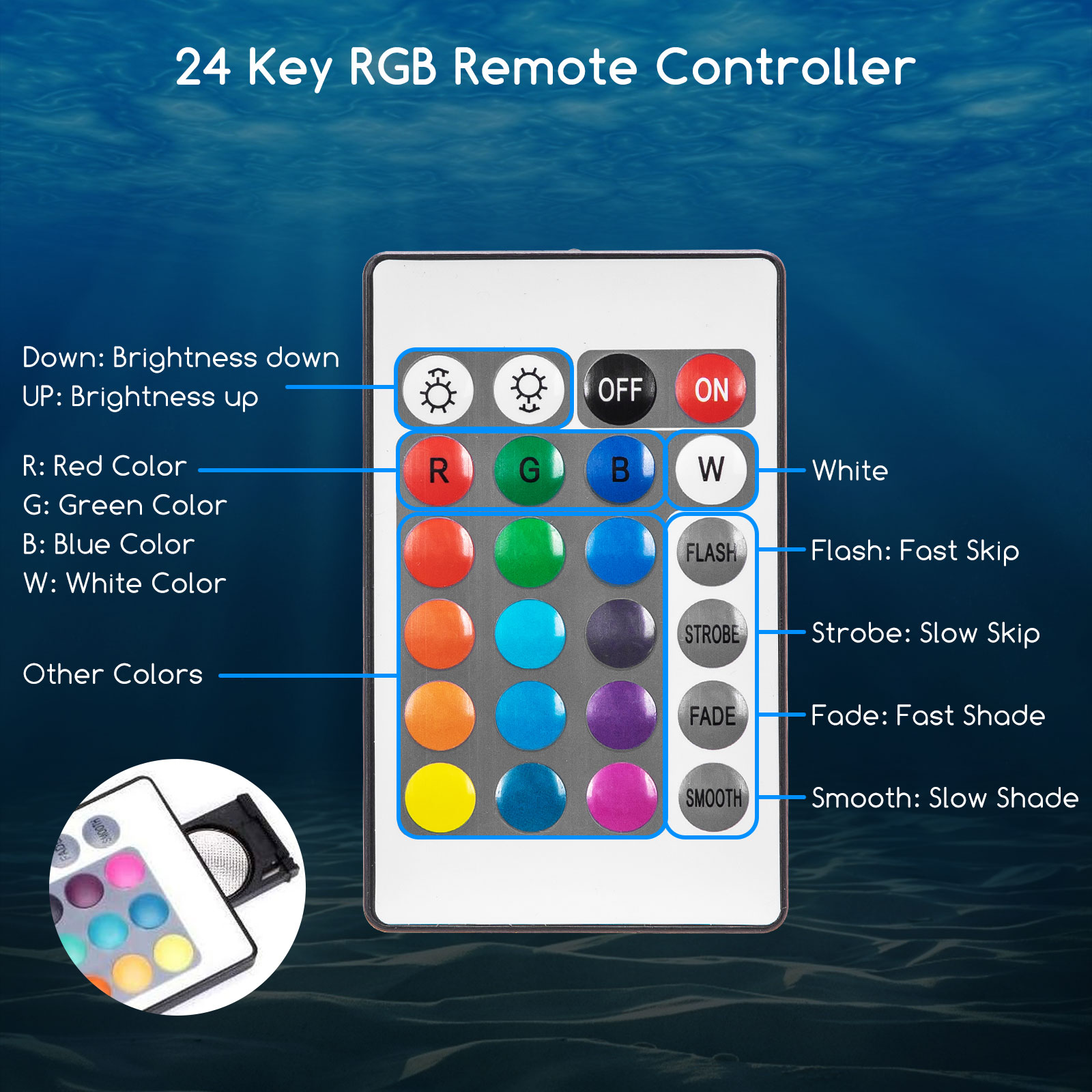 Nobleza - Iluminação LED para Aquário com Controle Remoto, Luz RGB para Aquário, À Prova D'Água IP67, Lâmpada Universal Regulável para Aquário (1,5w 20cm, RGB)