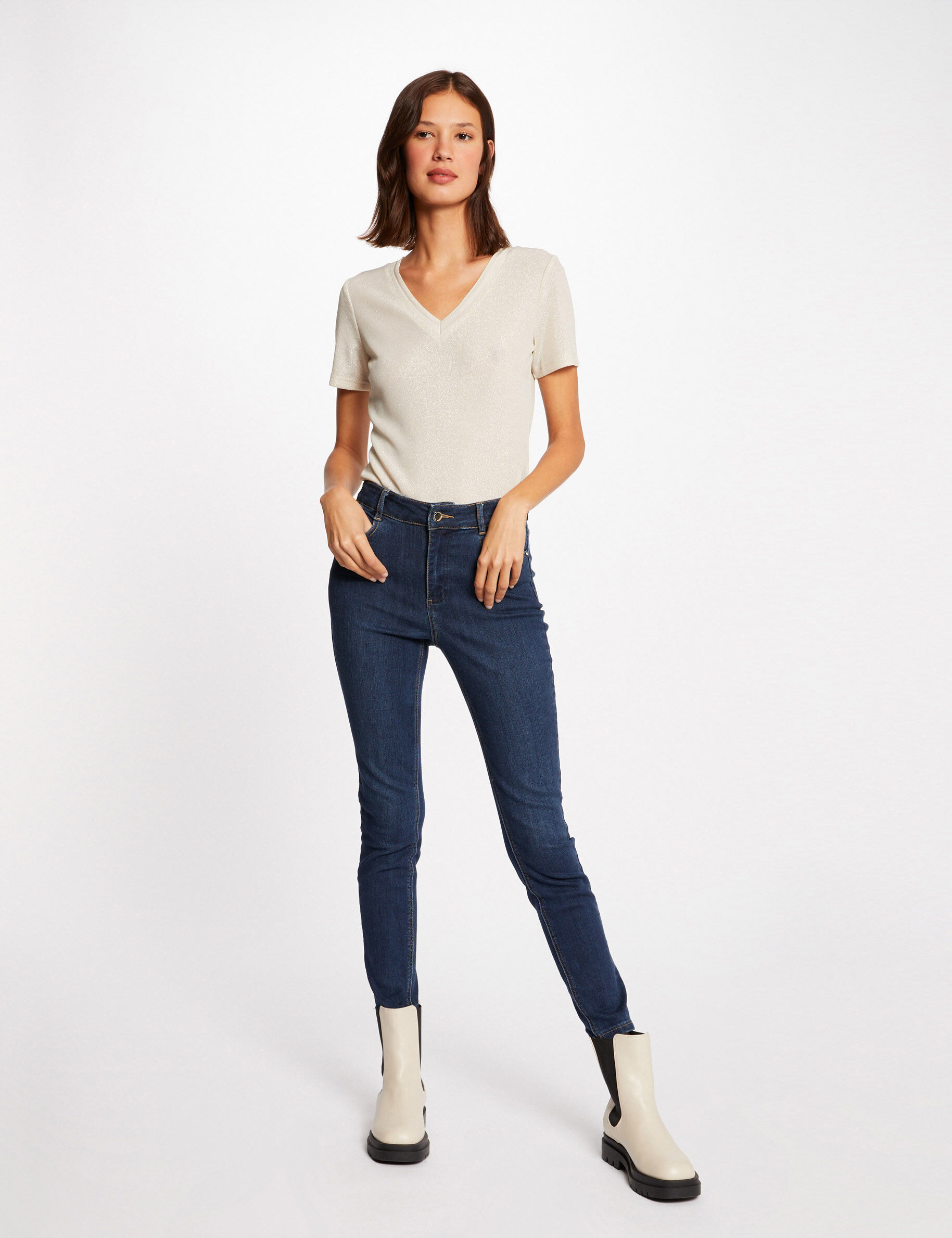 T-shirt manches courtes avec col en V ivoire femme - ivoire