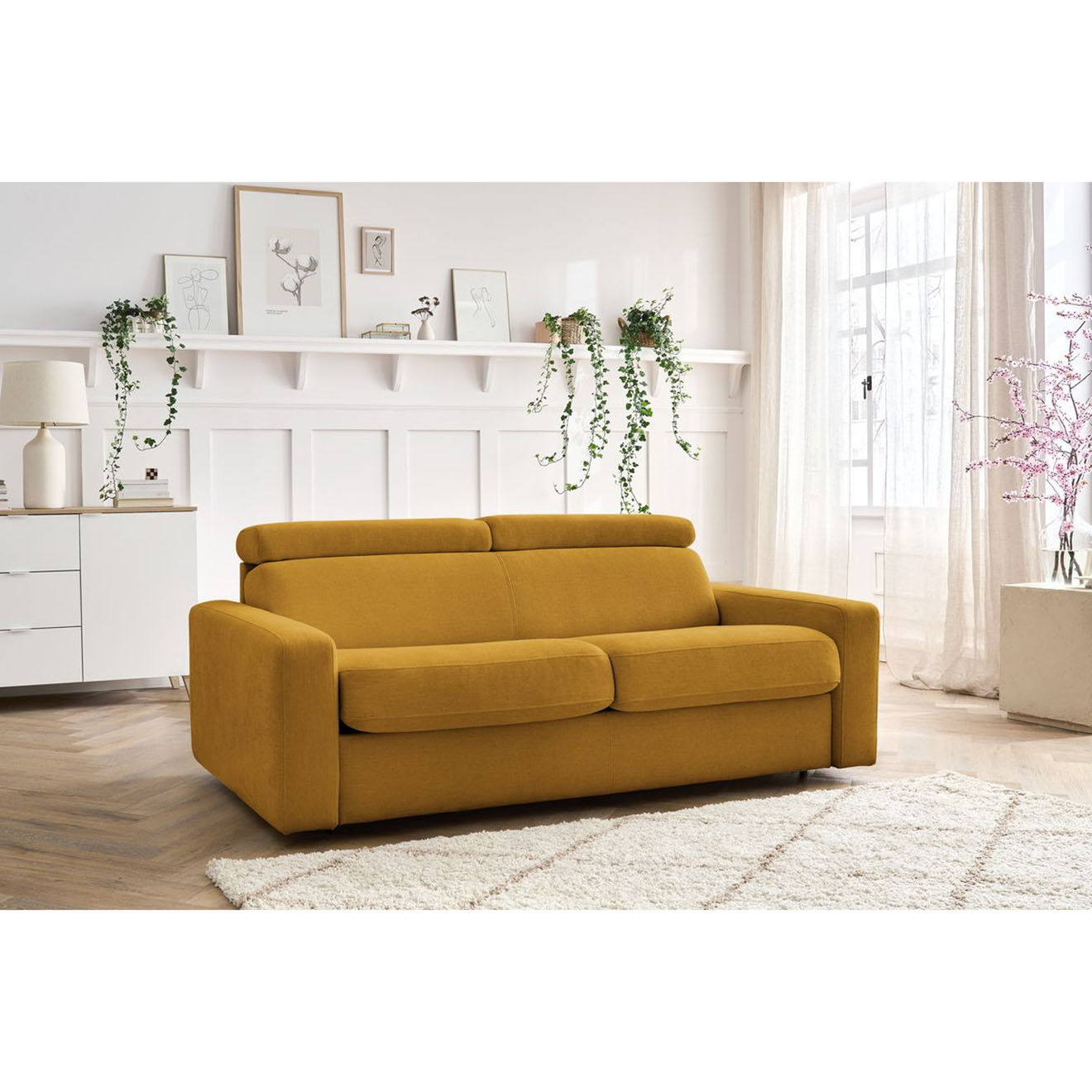 Bobochic Canapé convertible monaco ouverture express tissu lisse jaune - 195x99 cm