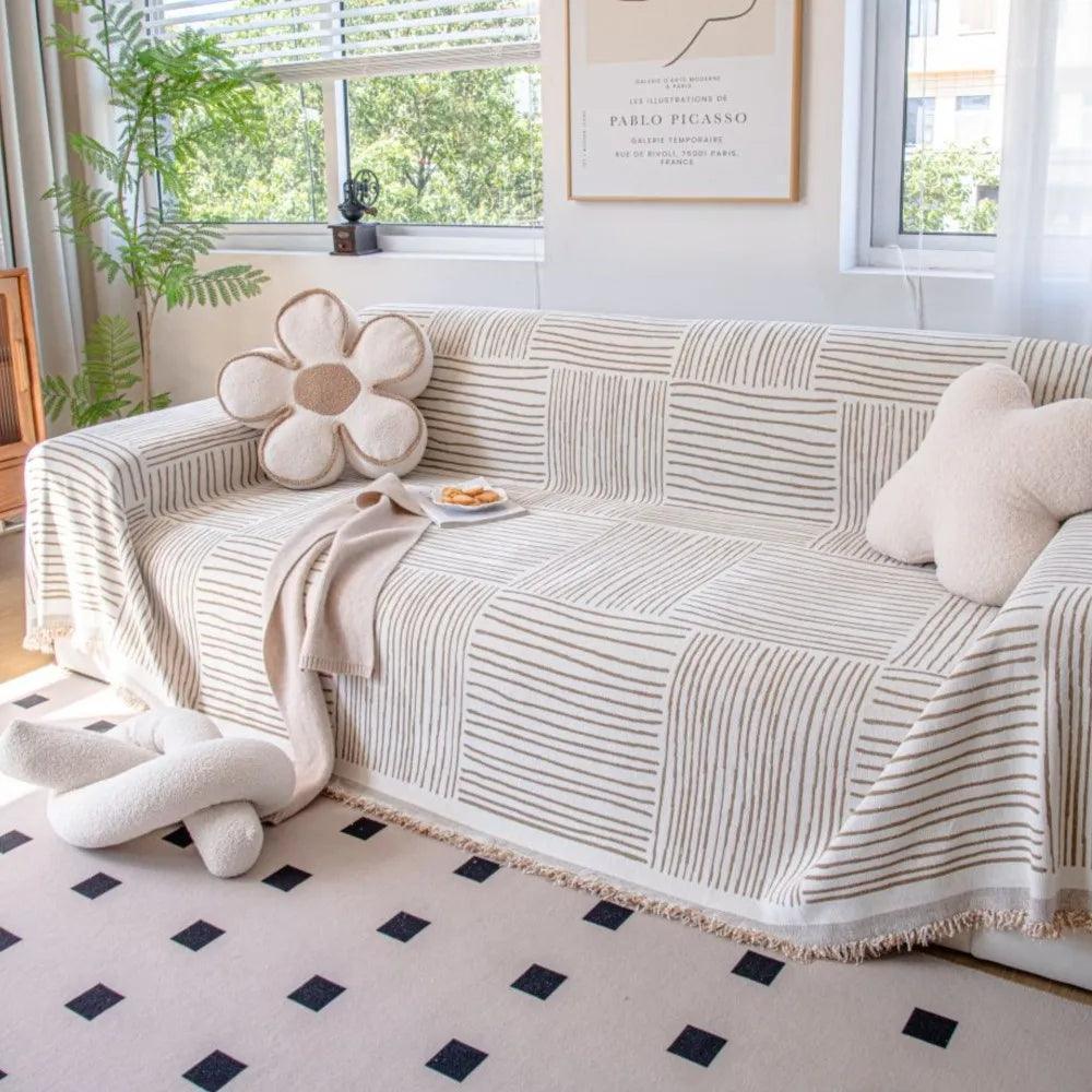 Chenille Striped Pattern Throw Blanket with Tassel 2 |  Nordic Jacquard Reversible Anti-cat Scratch Protection Sofa Cover