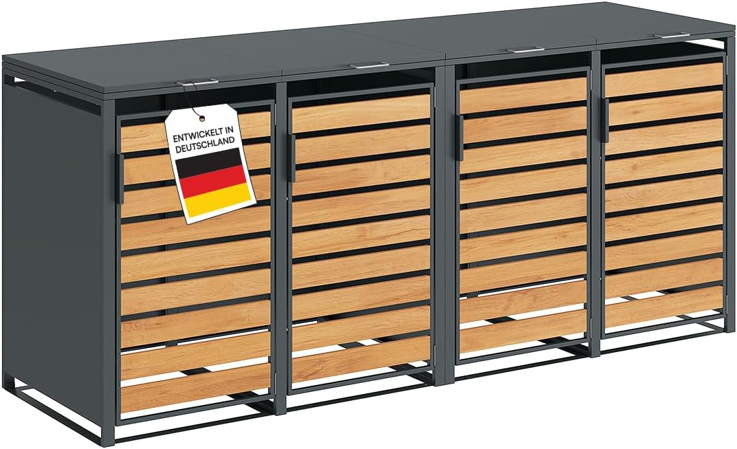 STEELSØN Kestra Mülltonnenbox 4er bis 120L – Mülltonnenverkleidung aus Stahl mit Sichtstreifen in Holzoptik – hochwertige Müllcontainer für 4 Tonnen – Müllbox in Anthrazit – Gerätebox wetterfest