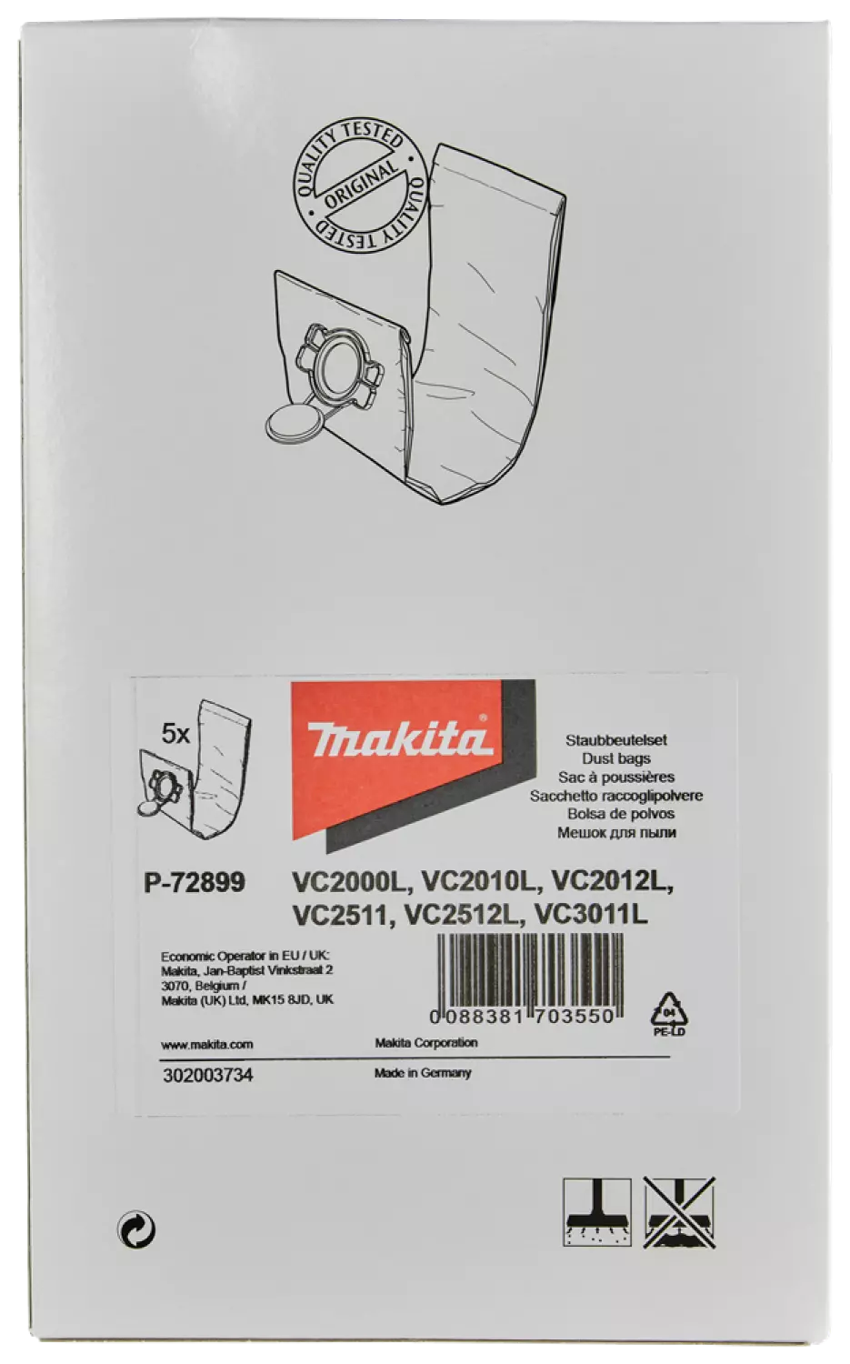 Makita P-72899 Filter Stofzak voor VC2010L / VC2512L / VC3011L (5st)
