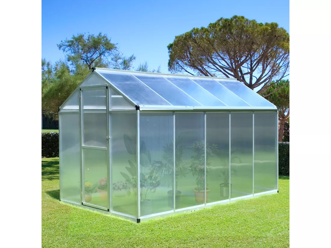 Serre de jardin aluminium polycarbonate 5,5 m² dim. 3,03L x 1,83l x 1,95H m fondation lucarne porte loquet